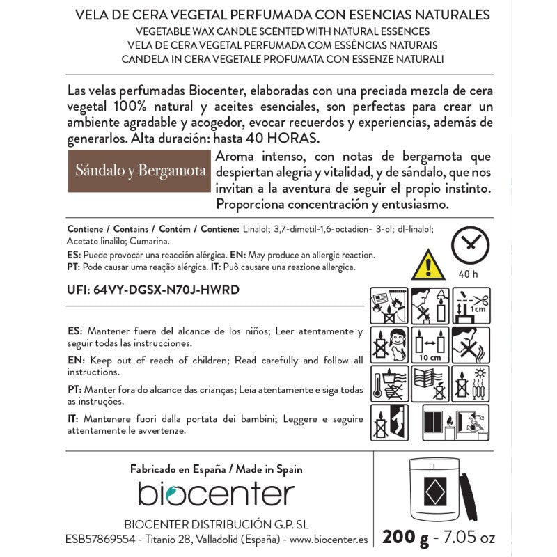 Vela Natural de Cera de Soja - Sándalo y Bergamota Biocenter