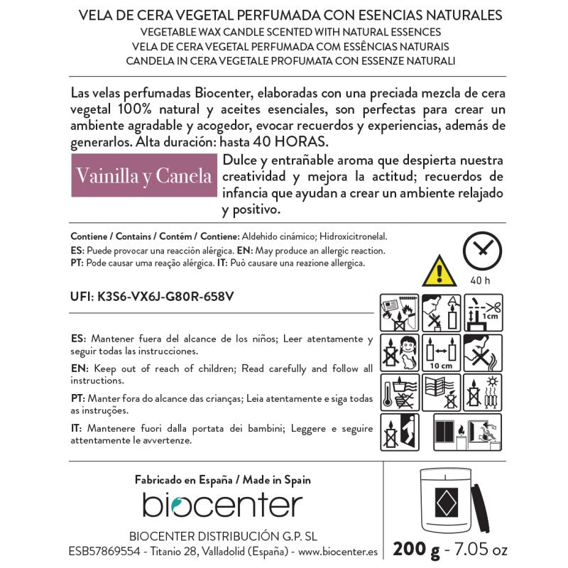 Vela Natural de Cera de Soja - Vainilla y Canela Biocenter