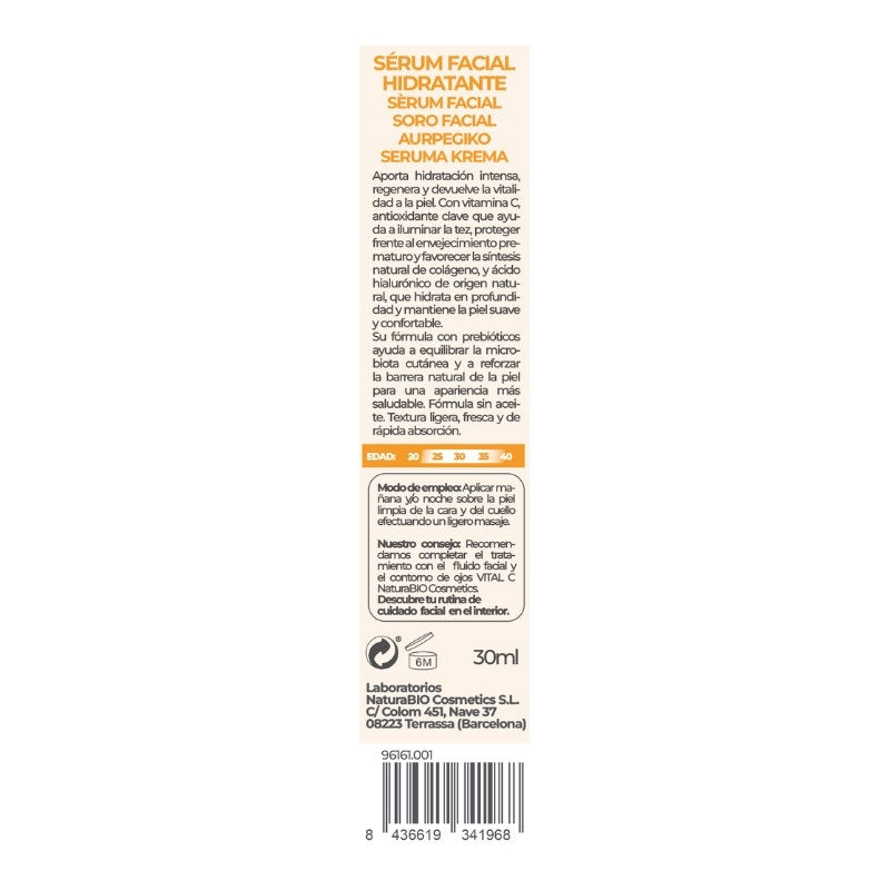 Sérum facial hidratante Vital C prebióticos & ácido hialurónico NaturaBIO Cosmetics