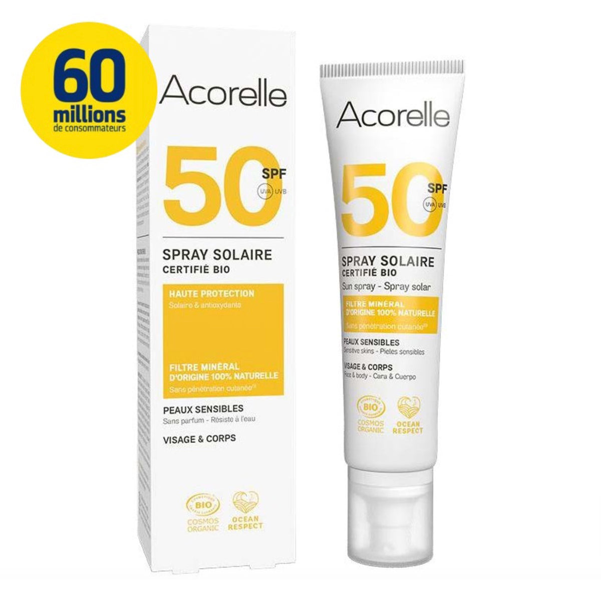 Spray Solar Cara y Cuerpo SPF 50 Filtros Minerales Acorelle