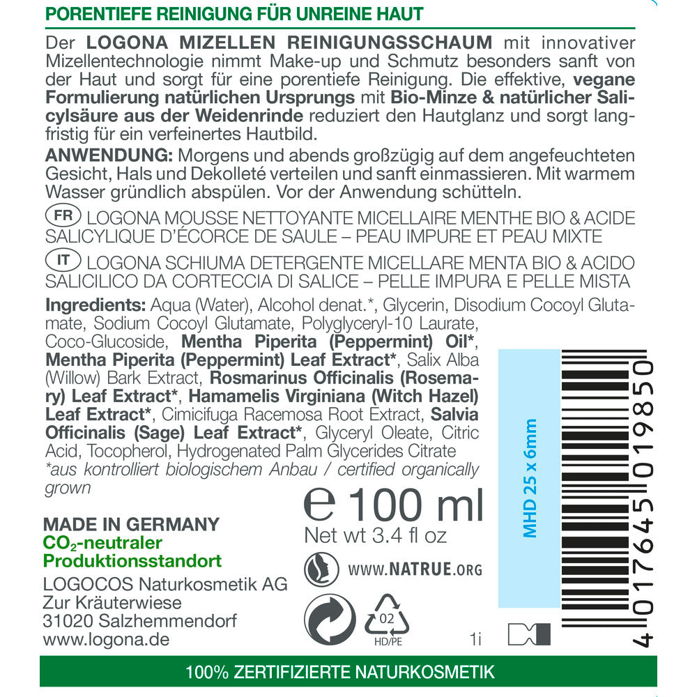Espuma Limpiadora Menta & Ácido Salicilico Micelar Logona