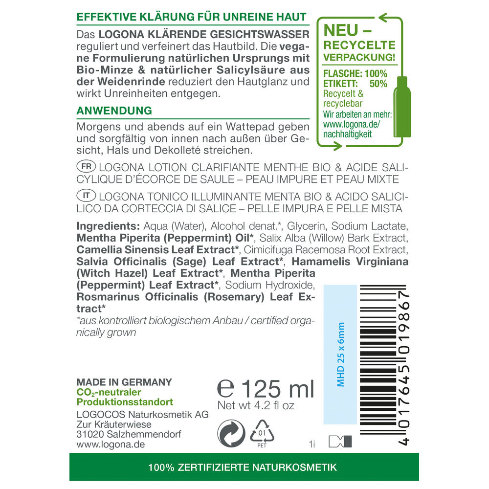 Tónico Facial Purificante Menta y Ácido Salicílico Logona 125 ml